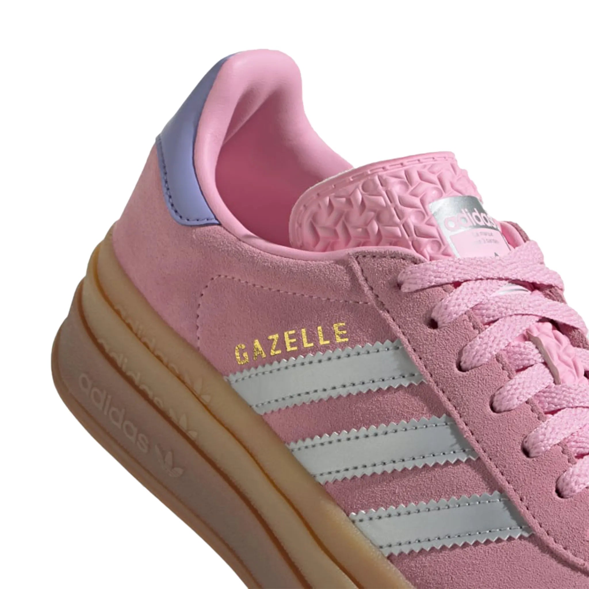 Stripe detail view of Adidas Gazelle Bold Kids True Pink Gum Silver Purple JH5539